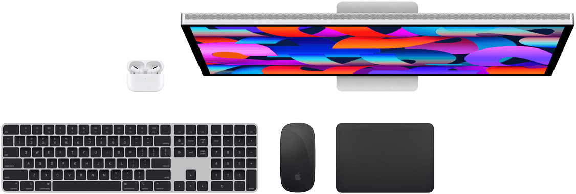 AirPods-ի, Studio Display-ի, Magic Keyboard ստեղնաշարի, Magic Mouse մկնիկի և Magic Trackpad-ի տեսքը վերևից